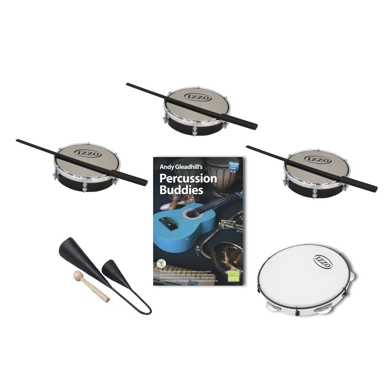 This is a product image of the Brazilian Samba - Percussion Buddies - 5 Pack. The products in the pack are laid out and include the following; Back Row - Three Tamborim - 6in diameter, Izzo, with beaters lying on them. Bottom Rows - One Agogo Bells - Medium, Andy Gleadhill's Percussion Buddies Book, one Pandeiro - 10in diameter, Izzo.