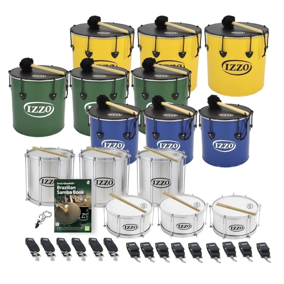 This is a product image of the Brazilian Samba - Primary - 15 Big Drums Packs. The products are laid out and include the following; Back Row - Three Nesting Surdo - 18in diameter, aluminium, Izzo (Yellow). Second Row - Three Nesting Surdo - 16in diameter, aluminium, Izzo (Green). Third Row - Three Nesting Surdo - 14in diameter, aluminium, Izzo (Blue). Fourth Row - Three Repinique - 12in diameter, aluminium, Izzo (Silver). Fifth Row - One Tritone Samba Whistle (Apito), Andy Gleadhill's Brazilian Samba Book, three Caixa - 12in diameter, aluminium, Izzo (Silver). Bottom Row - Six straps for the Repiniques and Caixas, nine straps for the Surdos. All of the drums have a suitable beater or stick lying on top of their skin.