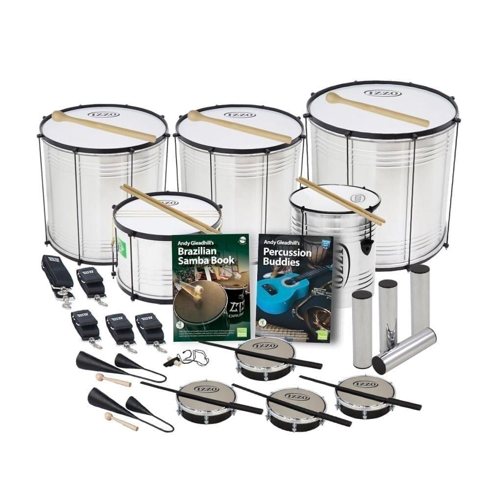 15 Players Primary Economy Samba Pack with 3 aluminium surdos, repinique, caixa, tamborims and two Andy Gleadhill books