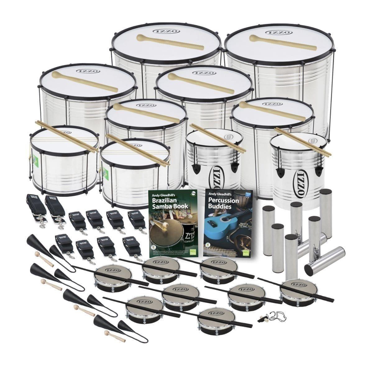 This is a product image of the Brazilian Samba - Secondary - 30 Player Economy Class Pack. The products are laid out and include the following; Back Row - Two Surdo - Economy - 18in diameter, aluminium, Izzo (Silver). Second Row - Two Surdo - Economy - 16in diameter, aluminium, Izzo (Silver). Third Row - Two Surdo - Economy - 14in diameter, aluminium, Izzo (Silver). Fourth Row - Two Caixa - Economy - 12in diameter, aluminium, Izzo (Silver), two Repinique - Economy - 10in diameter, aluminium, Izzo (Silver). Fifth Row - Two straps for the Caixas, eight straps for the Repiniques and Surdos, Andy Gleadhill's Brazilian Samba Book, Andy Gleadhill's Percussion Buddies Book, eight Ganza. Bottom Row - Four Agogo Bells - Medium, eight Tamborim - Izzo. All of the drums have a suitable beater or stick lying on top of their skin.