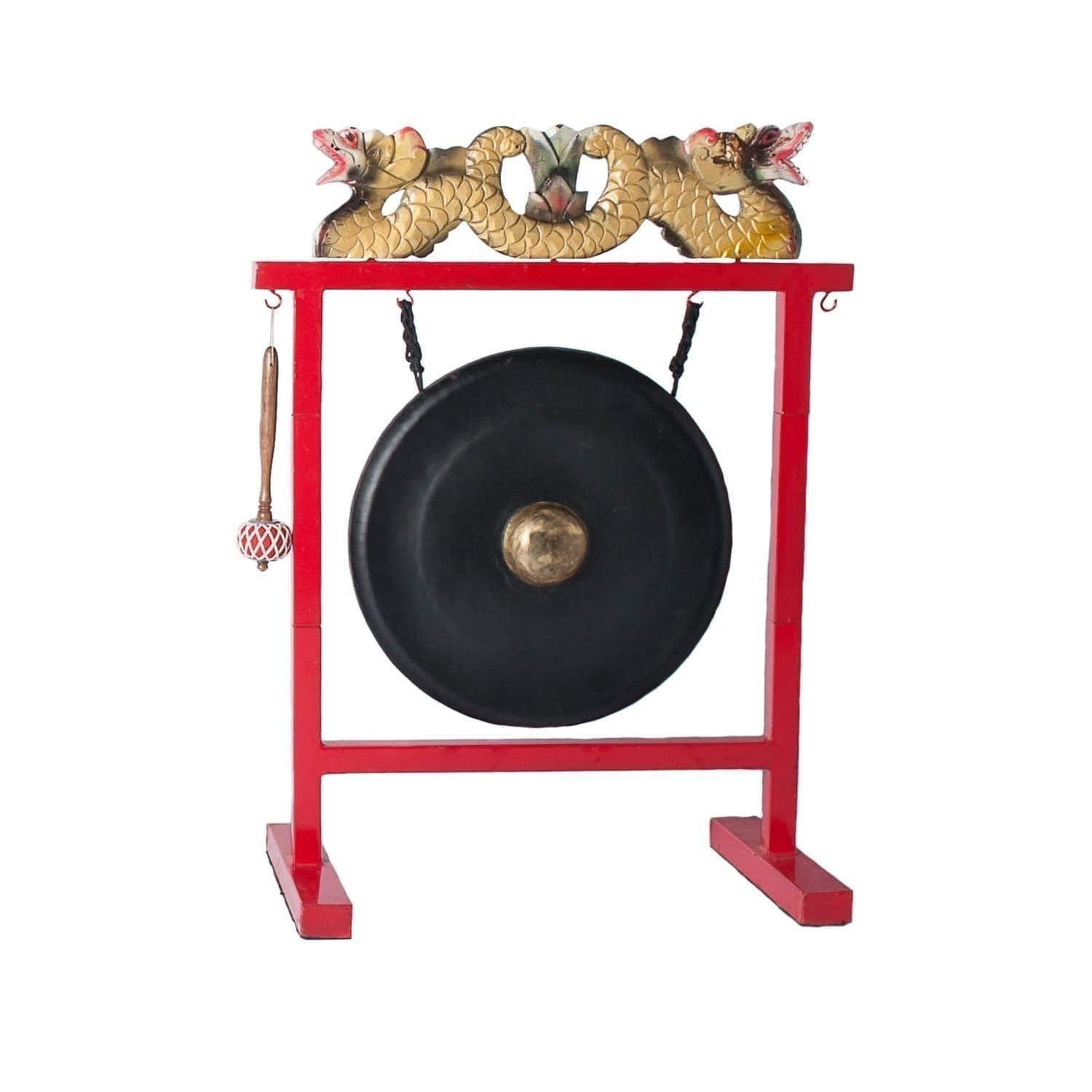 16in Premium Gong Set with black bossed gong on red stand, twin dragon carving and hanging beater