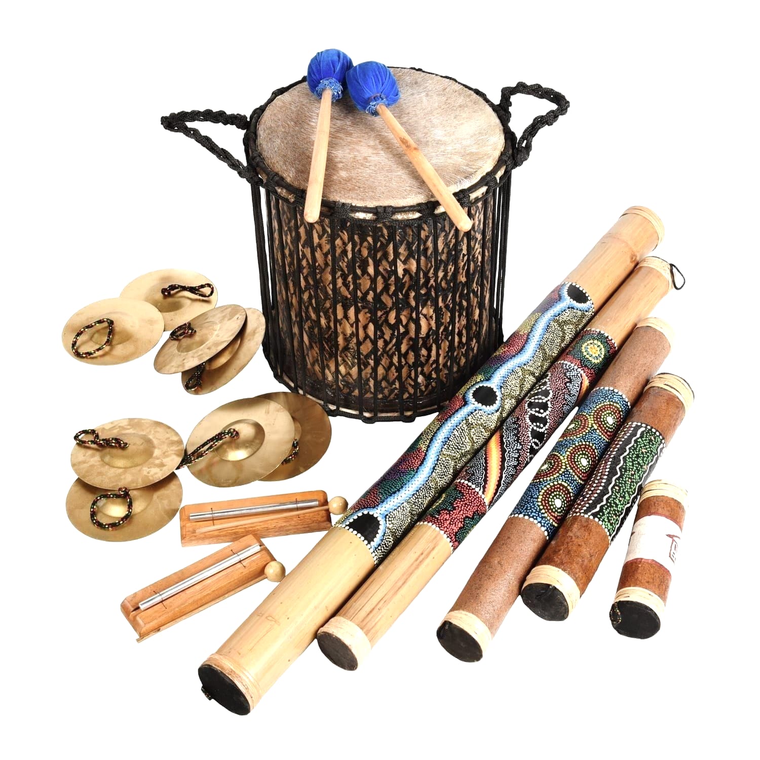 This is a product image of the Pulse and Play SEN Kit - 12 Instruments. The products in the pack are laid out and include the following; Back Row - Supermini Kenkeni - 10in diameter, 30cm high, bamboo with two beaters resting on top. Second Row - Four Ceng Ceng - 18cm, pair, two Chime Bar - 1 note, stainless. Right Hand Side - One Rainstick - 100cm, bamboo, painted, Rainstick - 80cm, bamboo, painted, Rainstick - 60cm, bamboo, painted, Rainstick - 40cm, bamboo, painted, Rainstick - 20cm, bamboo, painted.