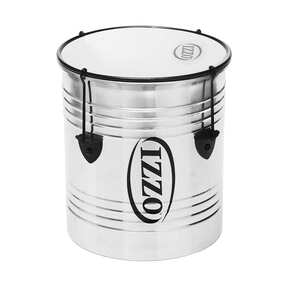 This is a product image of the Repinique - Economy - 10in diameter, Izzo. It is silver in colour with black trim and has a synthetic head. The instrument is standing upright.