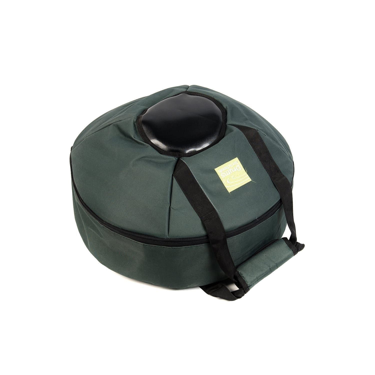 This is a product image of the Storage Carry Bag for 3 Gongs - 30/50/80cm diameter. It is laid flat and appears to contain the Gongs within the zipped up case. It is green with a black protective section to better protect the boss of the Gongs.