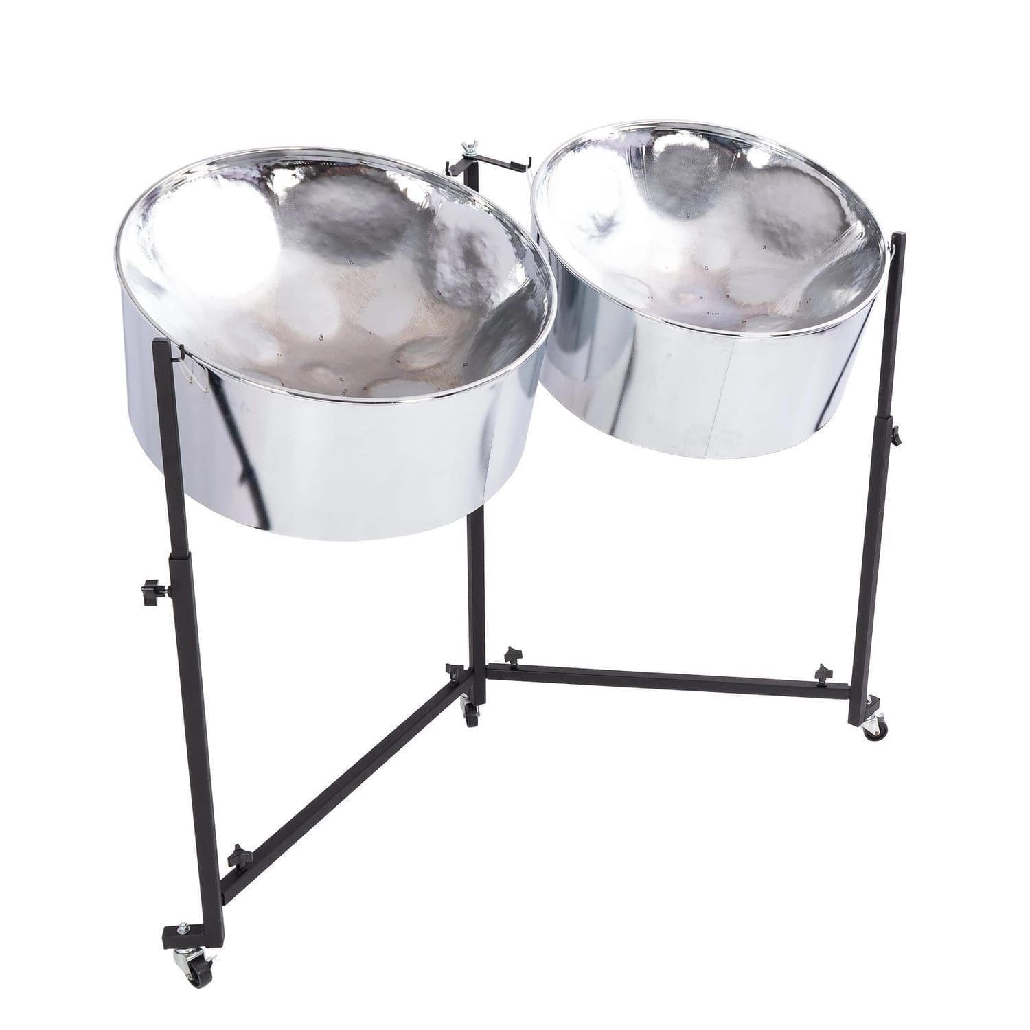 Chrome double tenor steel pan with sturdy stand and mallets, delivering rich tones for professional and educational performances.