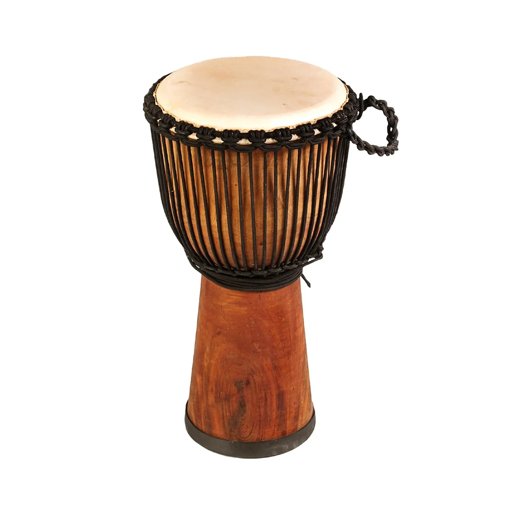 11 inch Pro Wide Top wooden djembe drum - 50cm high in natural wood, shown with goatskin head, rope tuning, carry handle and rubber base.