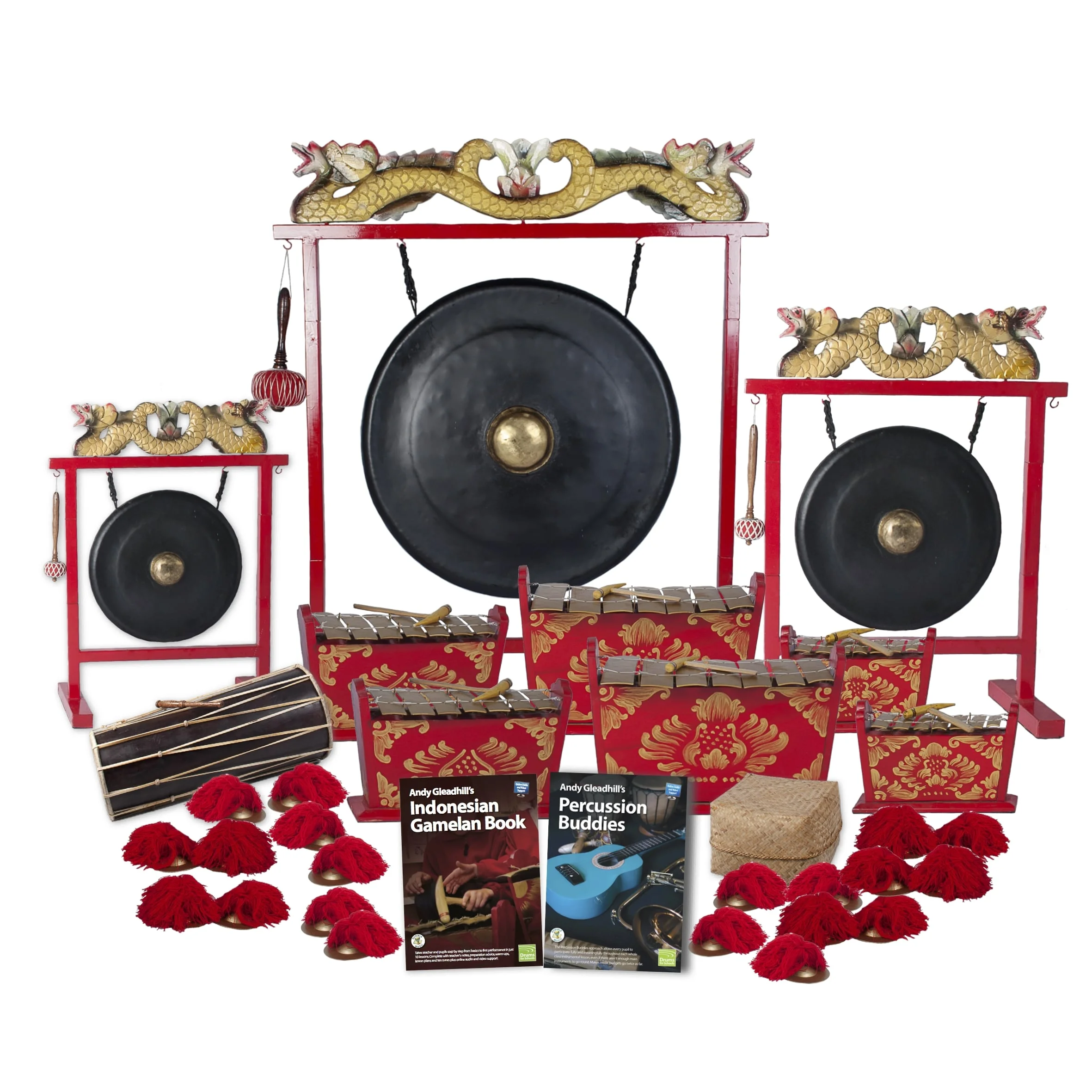 Indonesian Gamelan Standard 20 Player Class Pack Buddies with gongs, metallophones, Balinese drum, ceng ceng and teaching books.