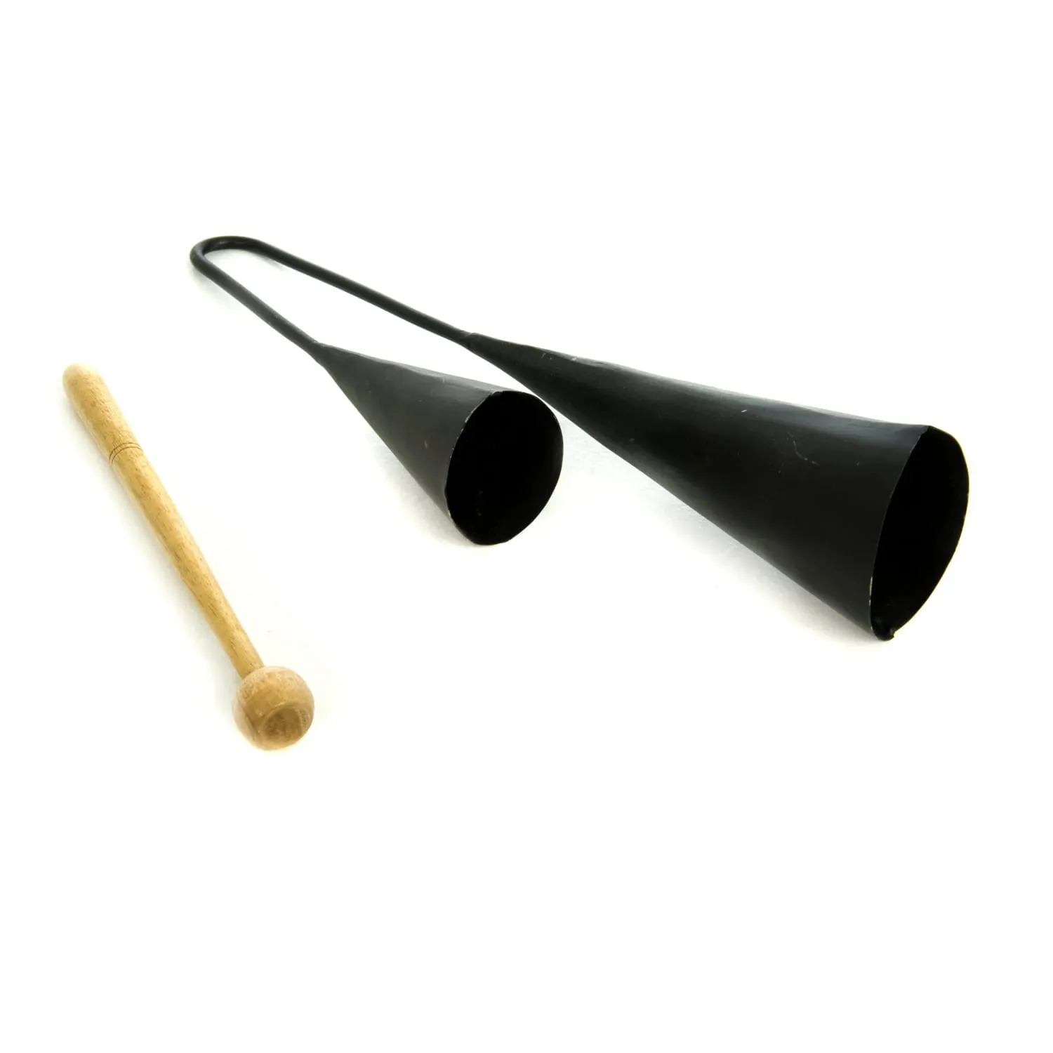 Metal Double Agogo Bells Medium with wooden beater, two black conical bells on loop handle