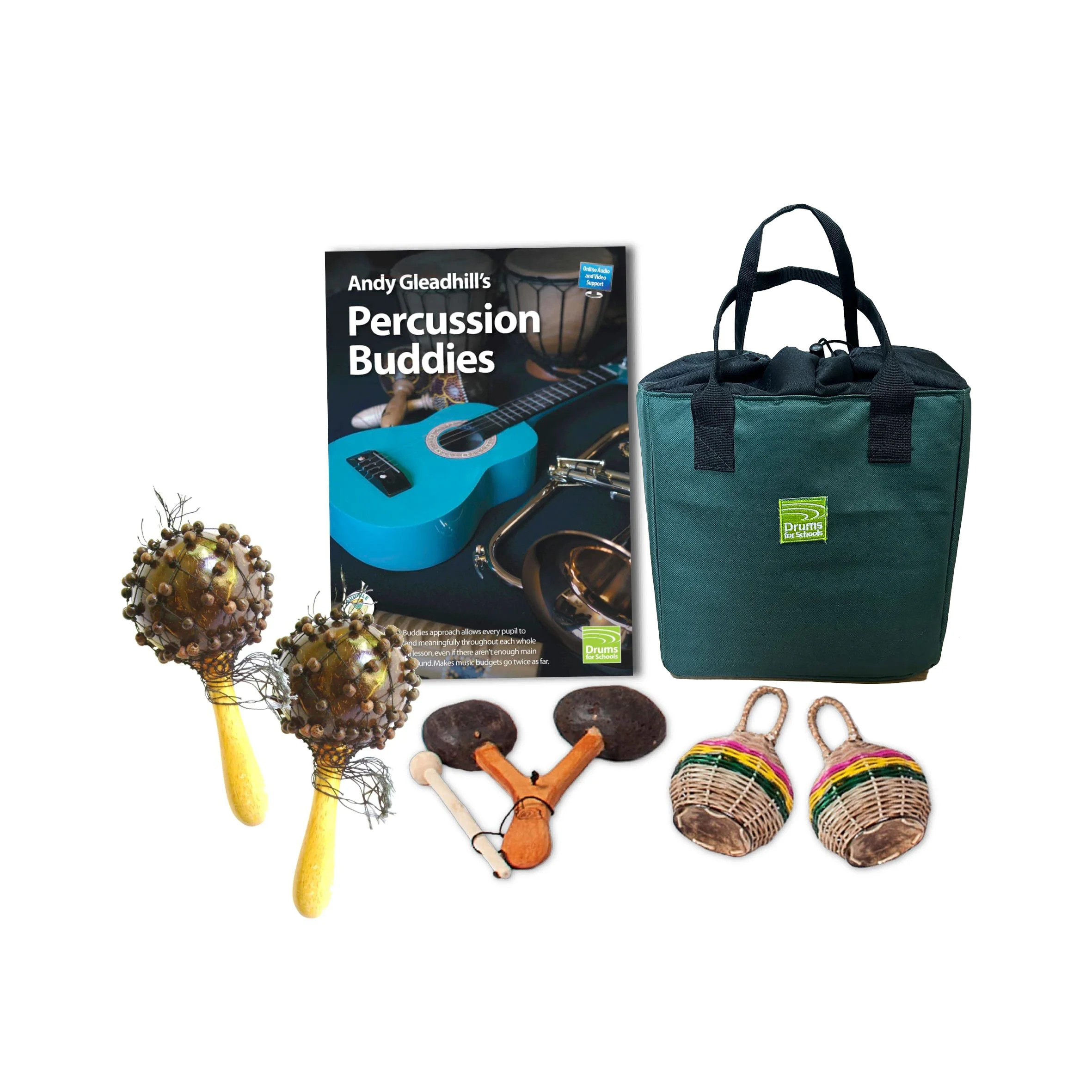 African Drumming Percussion Buddies 5 Set with book, carry bag, 2 caxixi, 2 seseh shakers and natural agogo bell