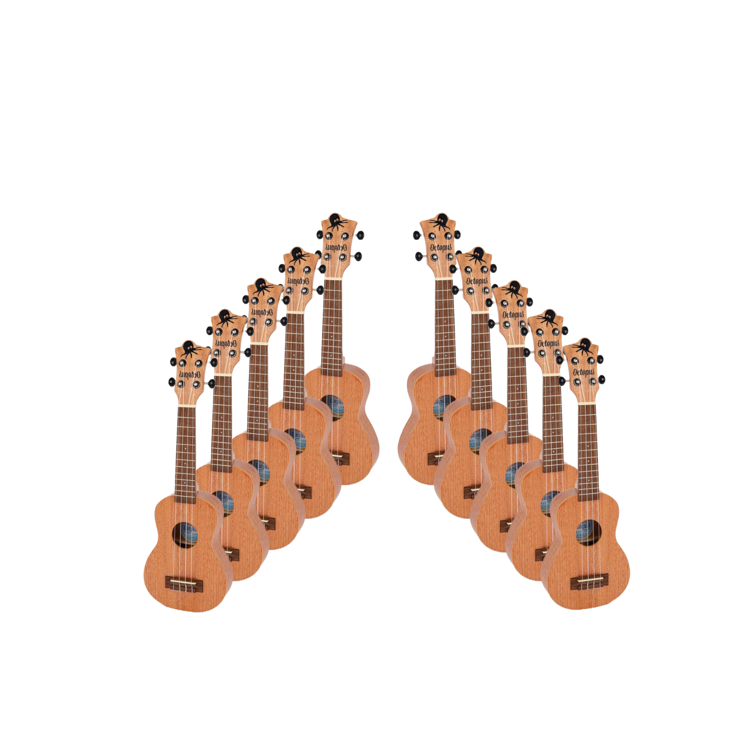 10 Pack Octopus Soprano Ukulele set, natural wood finish, ten ukes with black geared tuners arranged in two classroom rows