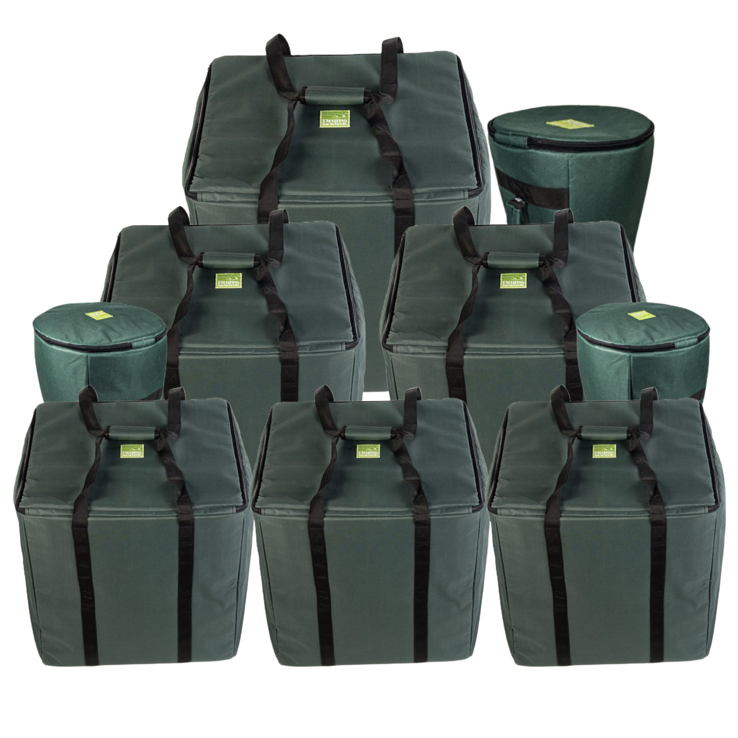 This is a group photo of Storage Carry Bags for 30 Primary Djembe Drums (Wide Top)