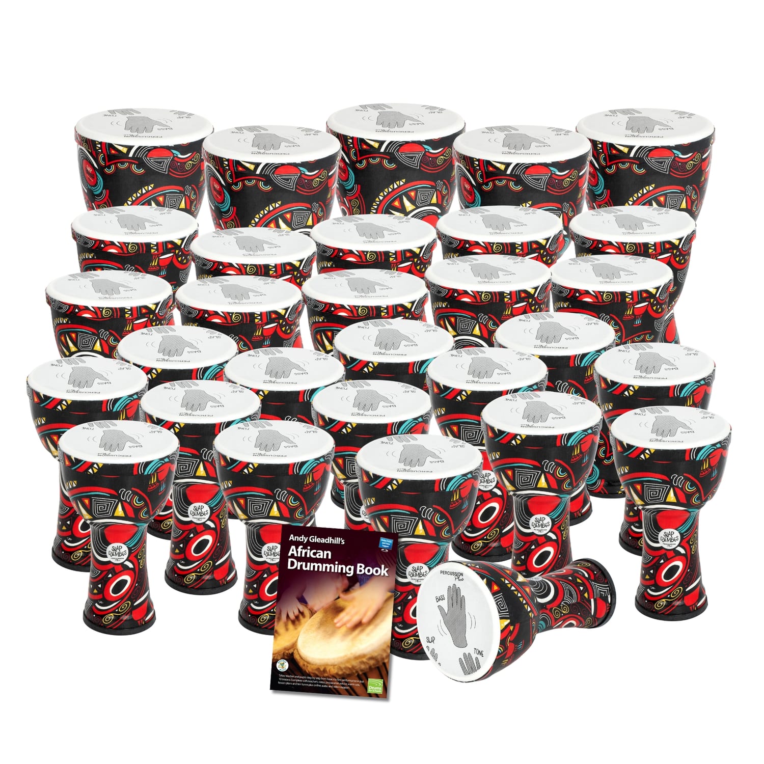 30 Primary Pre tuned Slap Djembe Drum Pack with printed hand-position guides on heads and African Drumming Book 1
