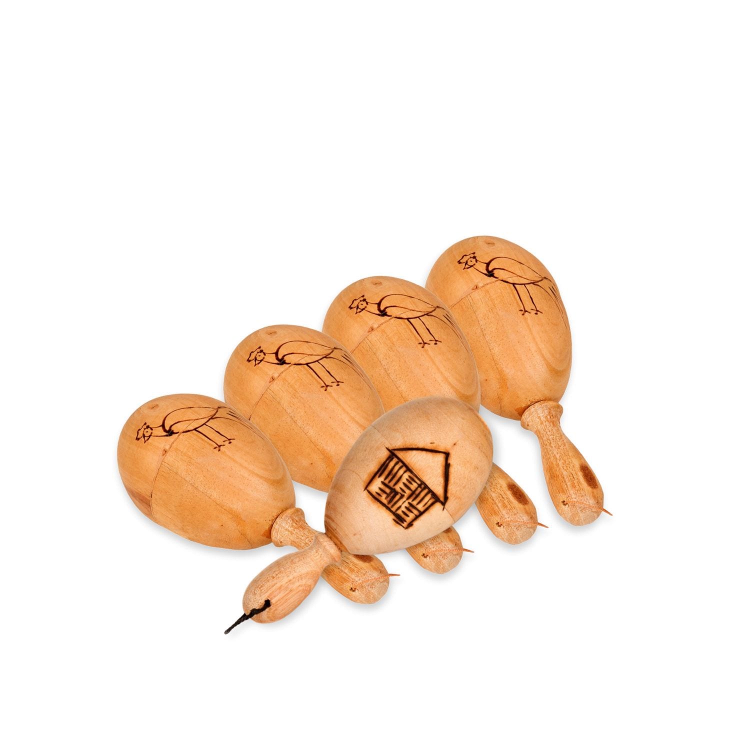 Set of five 7cm Large Shaker Egg on Stick wooden shakers with bird and house motif burn designs